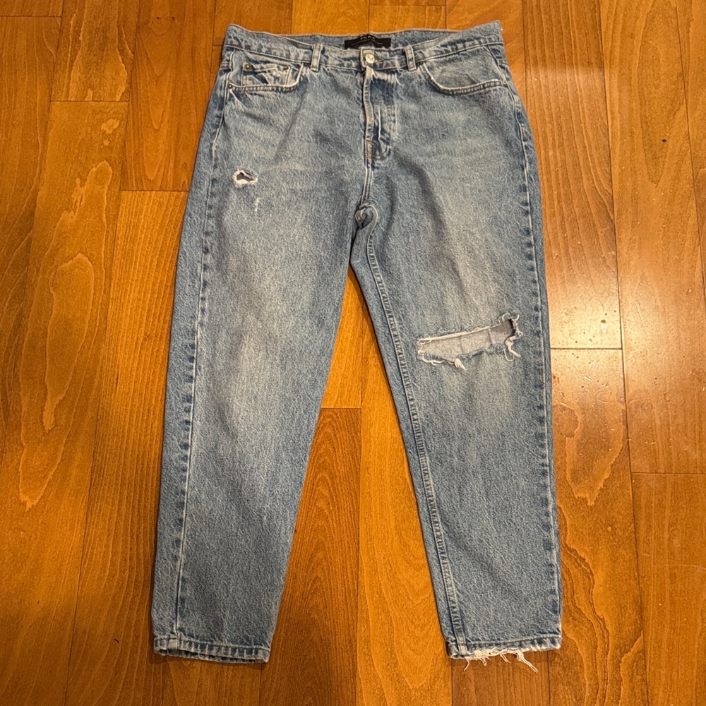 Zara Boyfriend Jeans Relaxed Distressed Ankle Size 34 Blue Y2K Casual